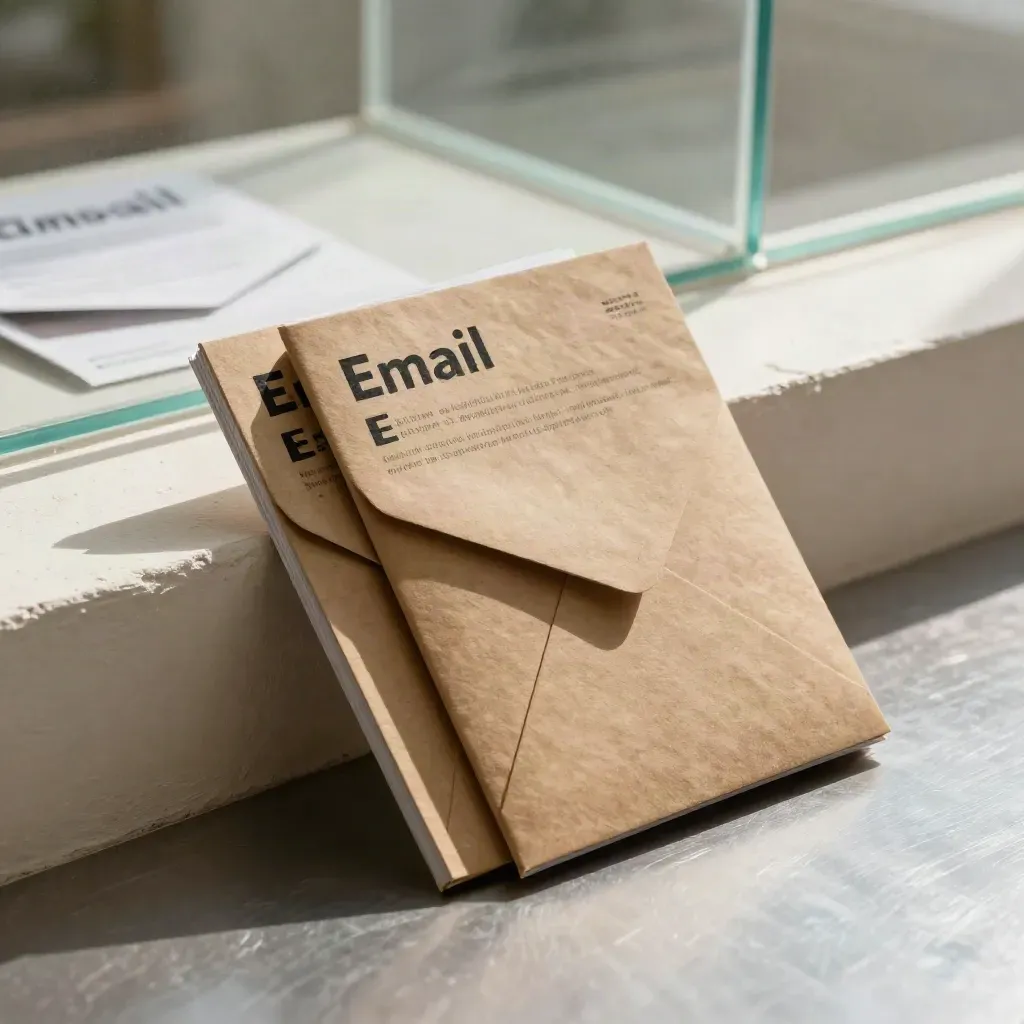 Kraft-wrapped editorial bundle with slim booklets leaning on a plaster ridge in soft daylight