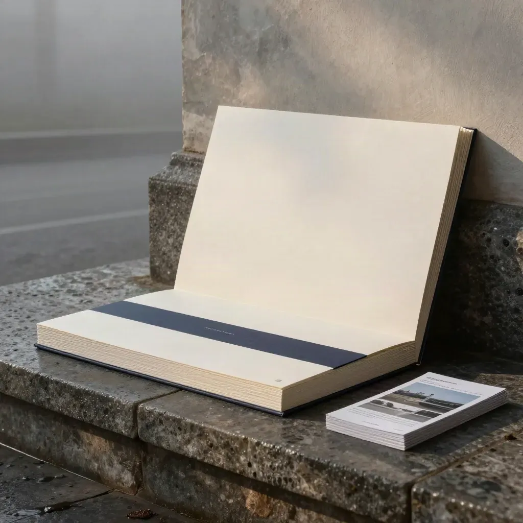 Rain-dark market brief pack with slim booklets and comparison cards on stone at sunrise.