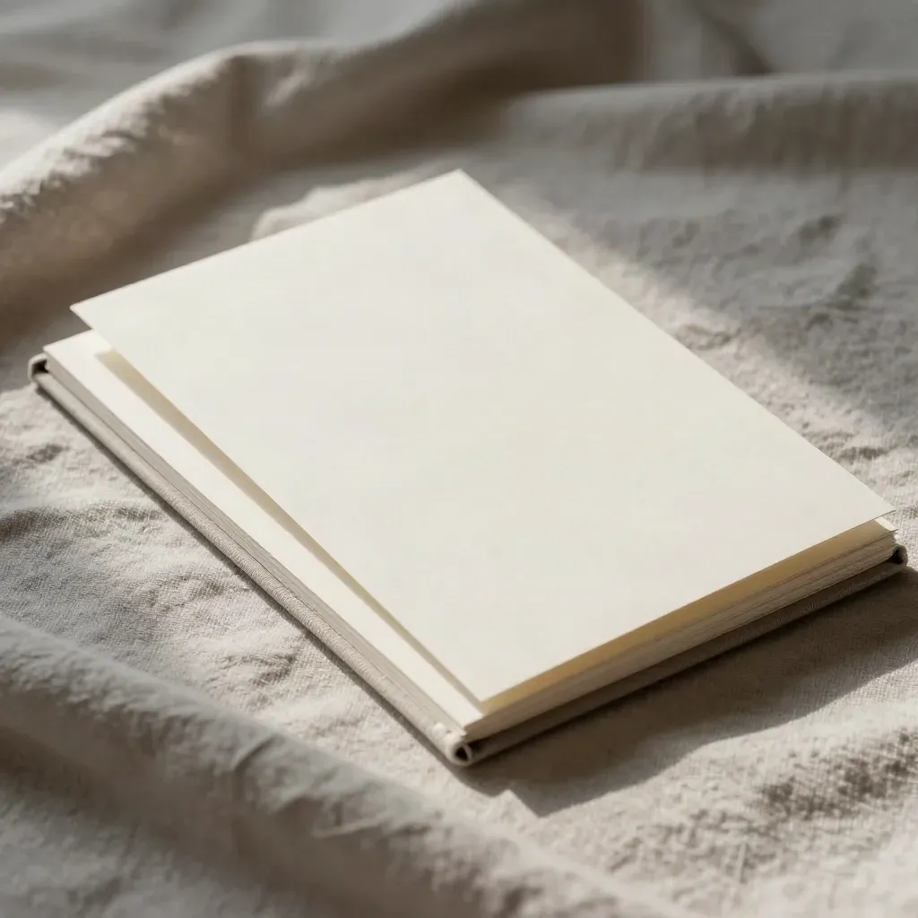 Off-white pricing guide folio with inserts and linen folds, lit dramatically from upper left