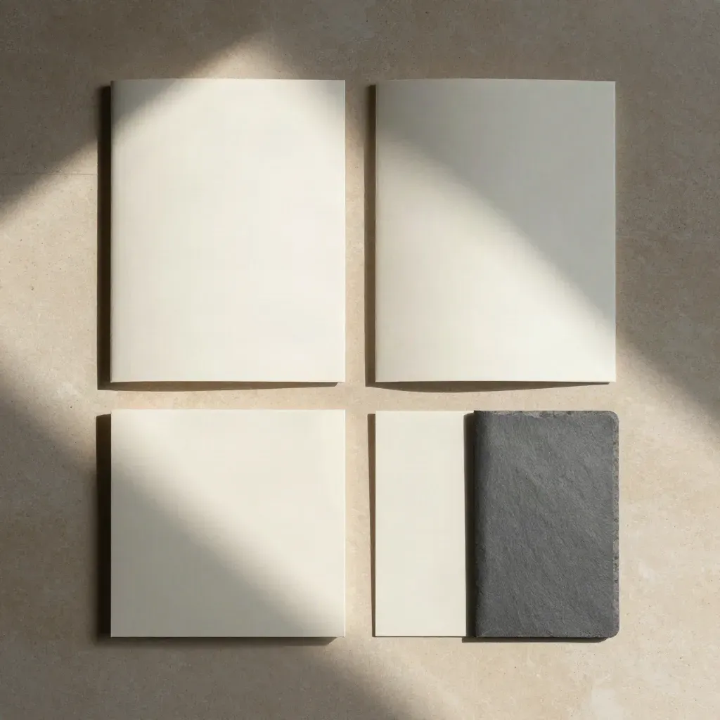 Overhead flatlay of SEO packet pieces on warm stone with soft shadows.