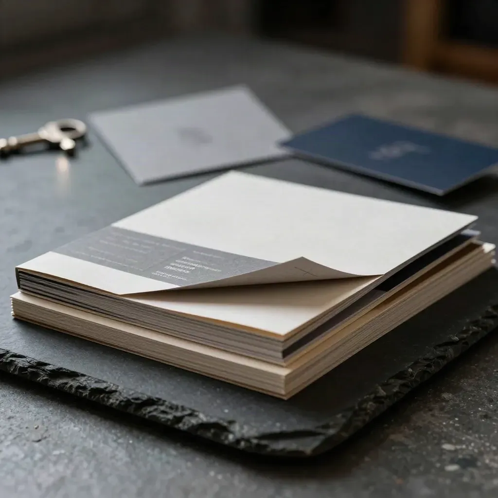 Floating layered folio and slim packets on dark stone, lit dramatically in a navy-toned studio.