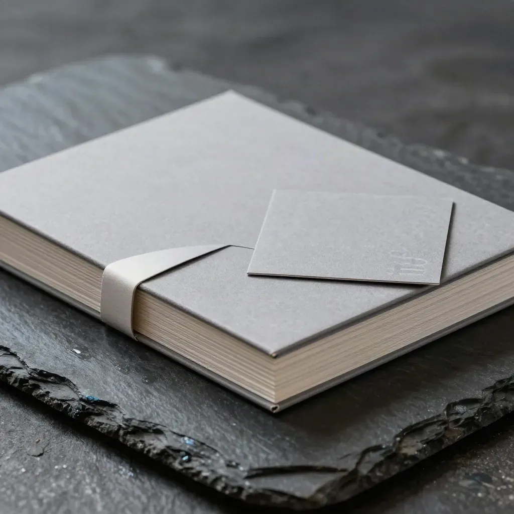 Macro of a grey CRM compare sheet pack partly embedded in damp slate under raking light.