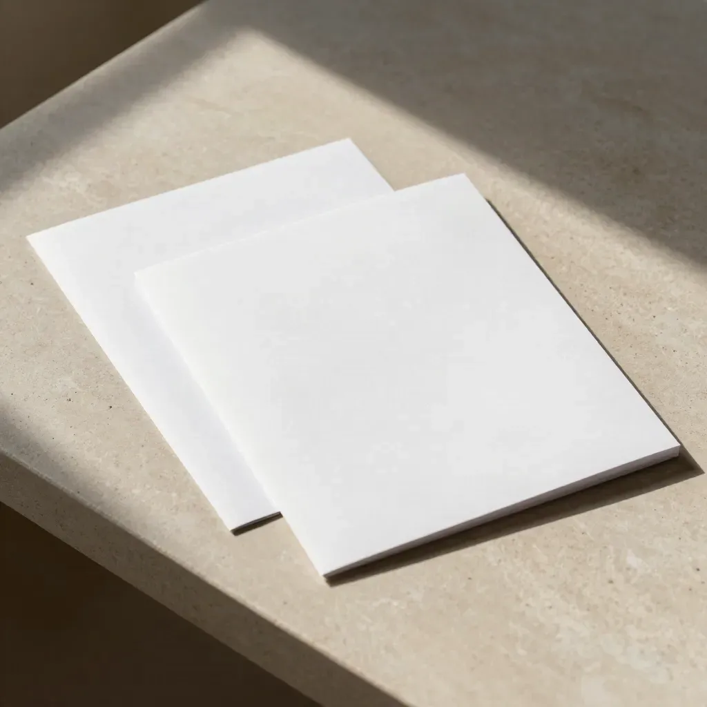 Overhead flatlay of an open content audit kit with sleeves and booklet on sand-toned plaster.