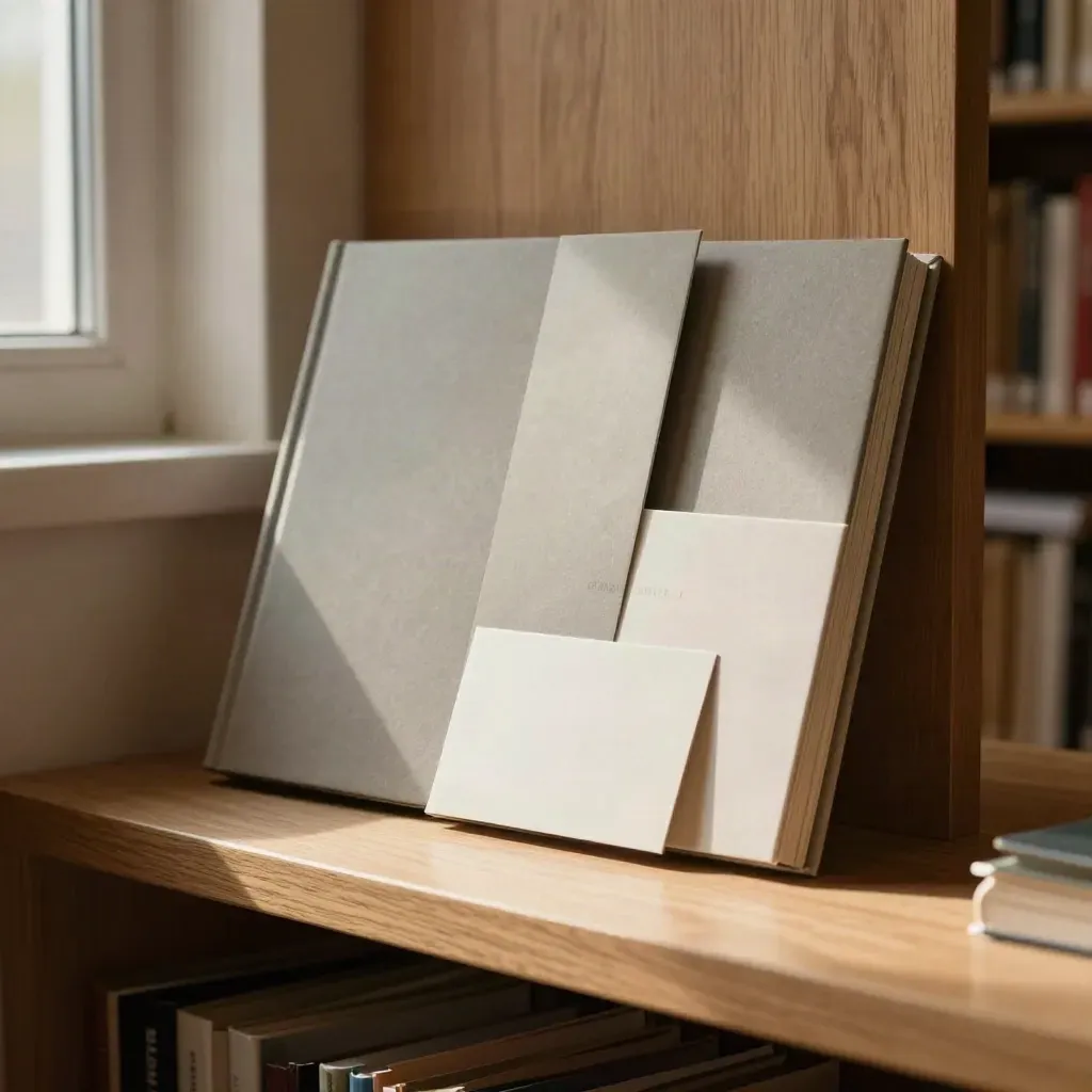 Stone-grey founder FAQ bundle with companion folio in a warm wood corner, lit by soft window glow.