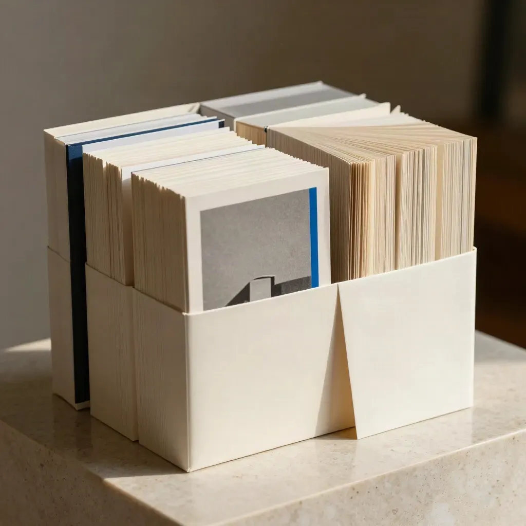 Open editorial report bundle with layered folios on a pale stone surface.