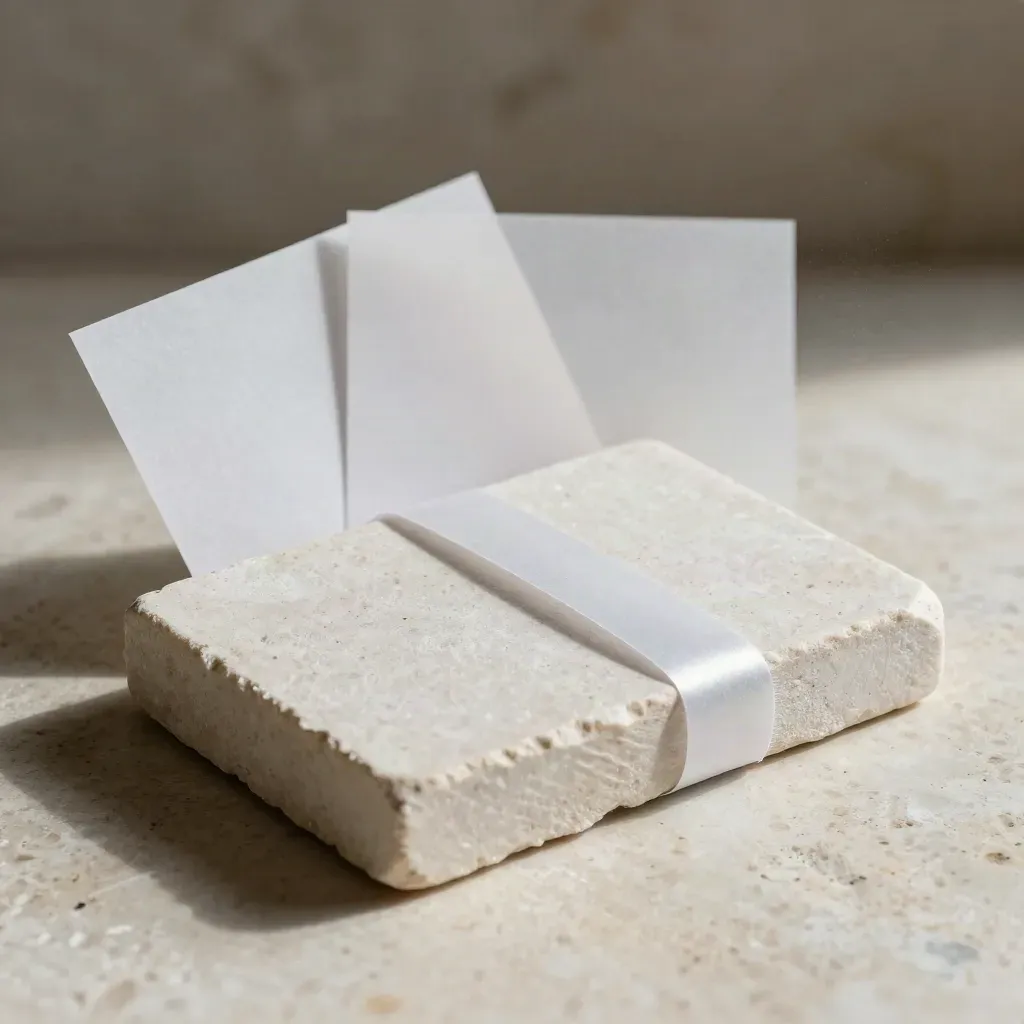 Pale stone brief sleeve with inserts on travertine, lit by hard raking light