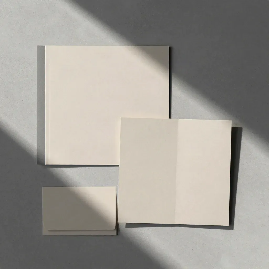 Overhead flatlay of a neutral home service leads kit on matte concrete with booklet and divider card.