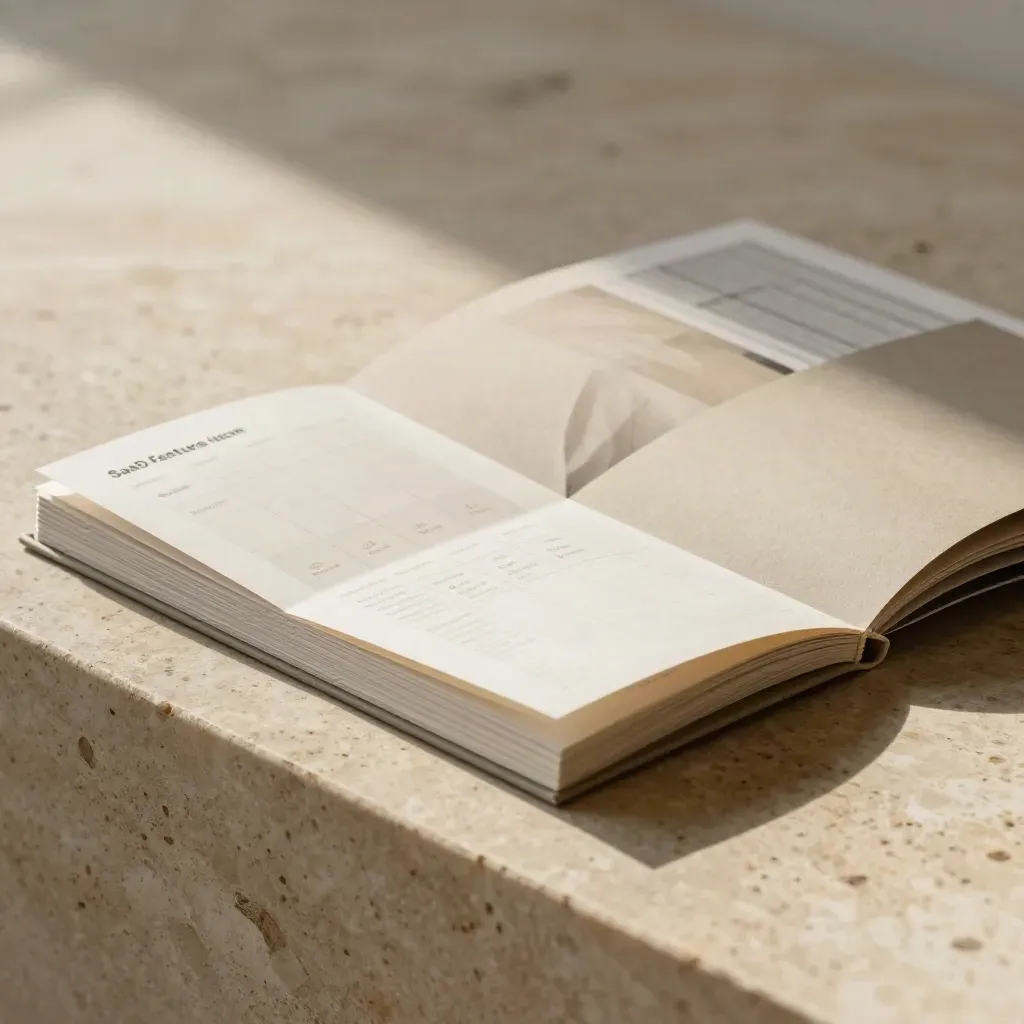 Folded SaaS comparison folios leaning on a warm stone corner in soft editorial light.