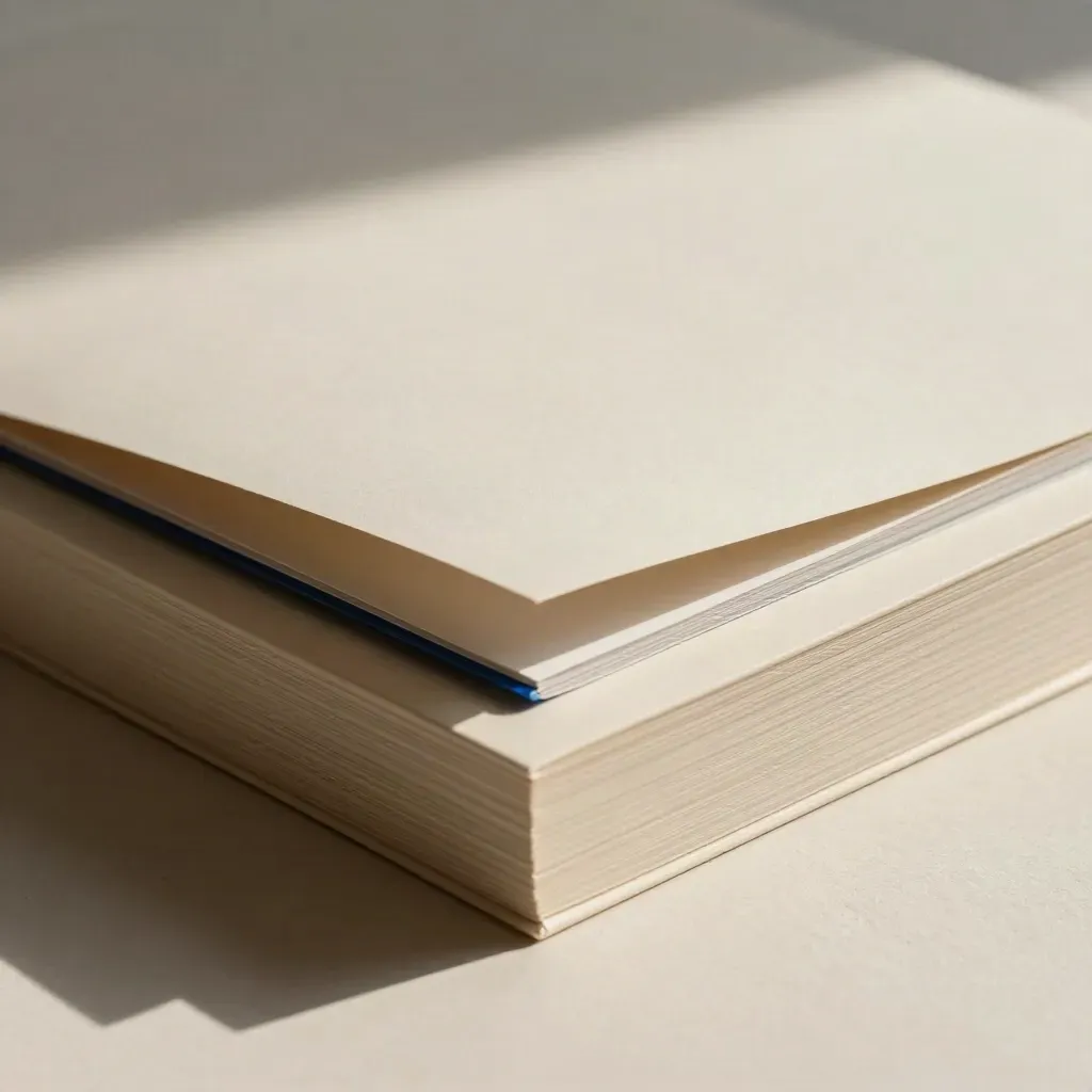 Macro of an ivory paper glossary pack with booklet and folded sleeve in a plaster niche
