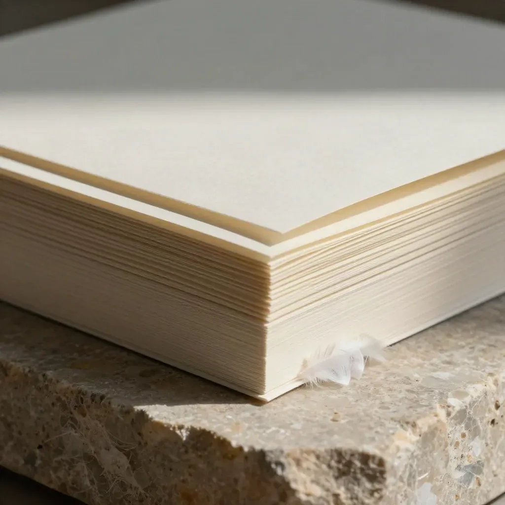 Macro paper bundle on stone with inserts and folded card, lit from upper left.