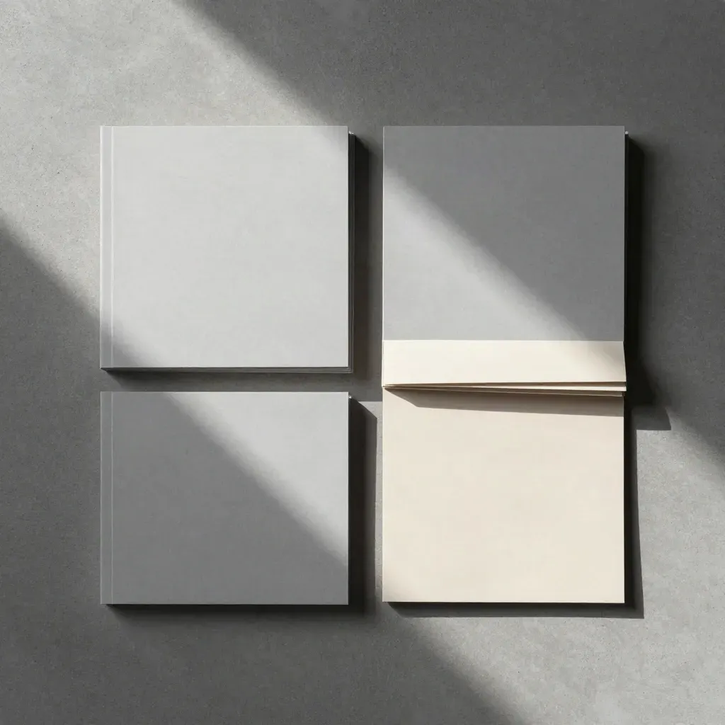 Overhead flatlay of a neutral guide folio, insert stack and paper sleeve on cool concrete.