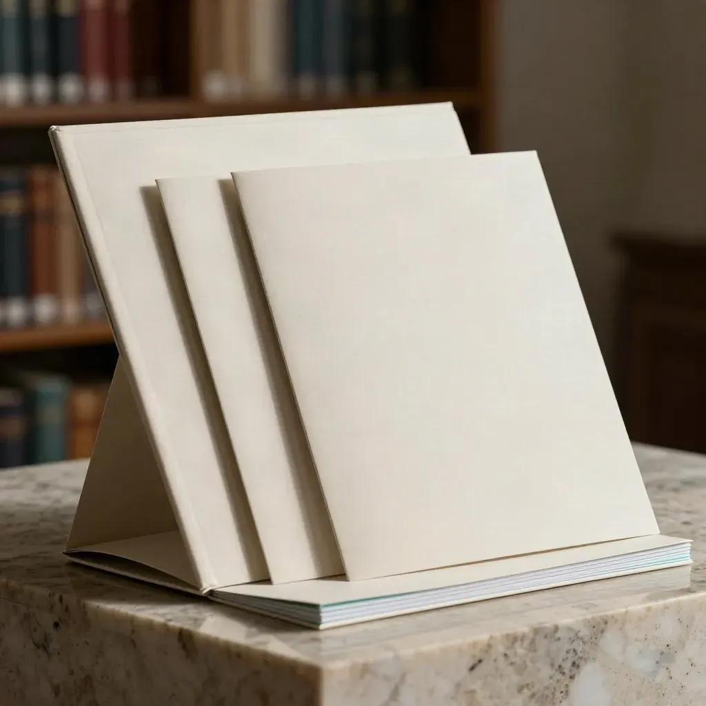 Premium unbranded report folio with inserts on pale stone, softly lit in a modern studio.