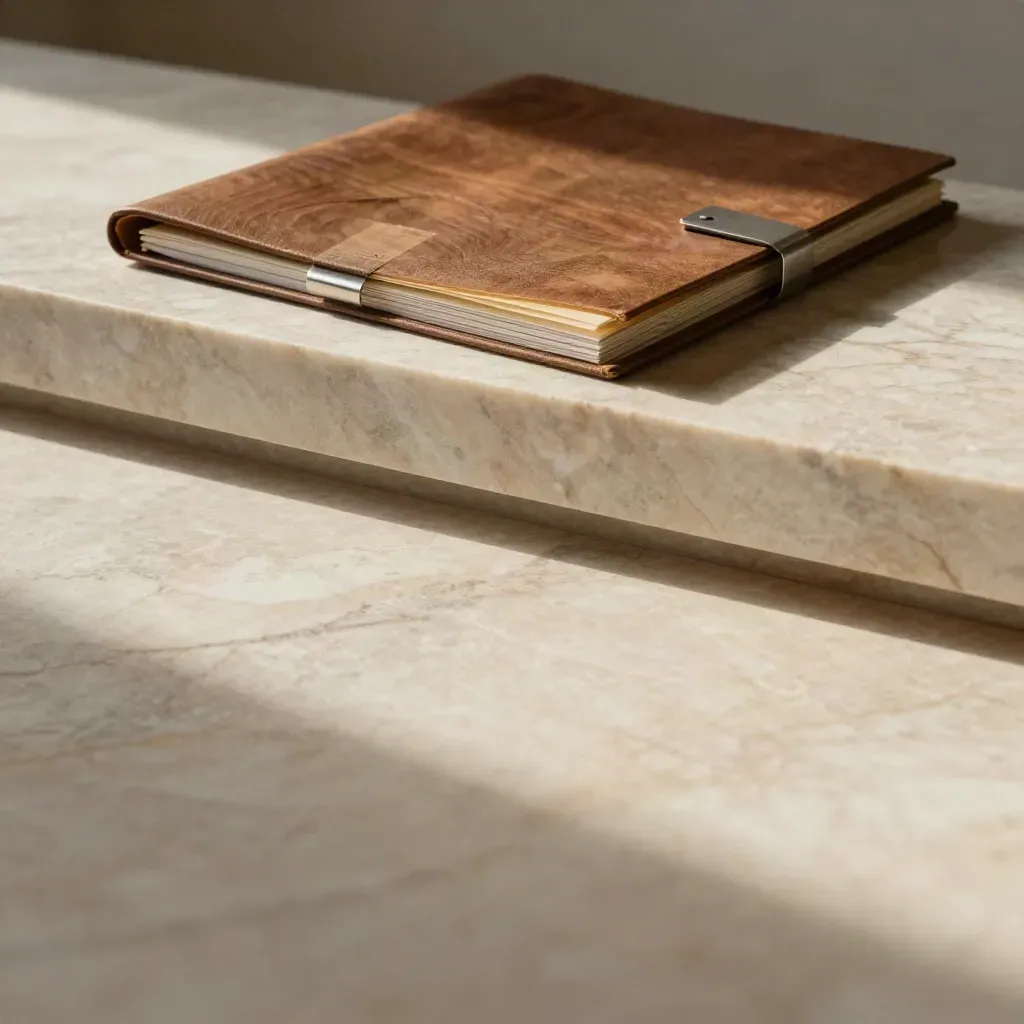 Marble surface with stacked report folios and calm copy space below