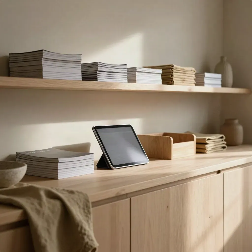 Sunlit editorial nook with stacked how-to guides, pale oak, plaster, and calm copy space